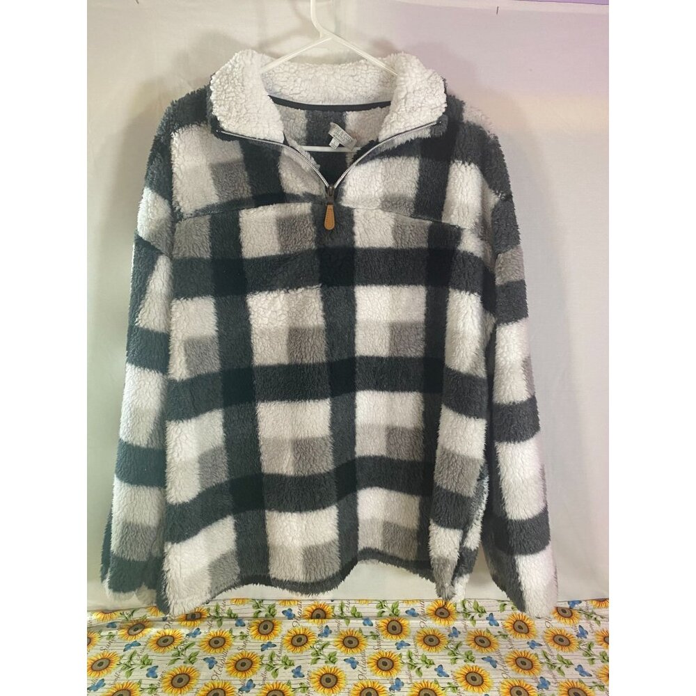 Warm & Cozy Lifestyle Size L Pullover 1/4 Zip Jacket Black White & Gray Plaid